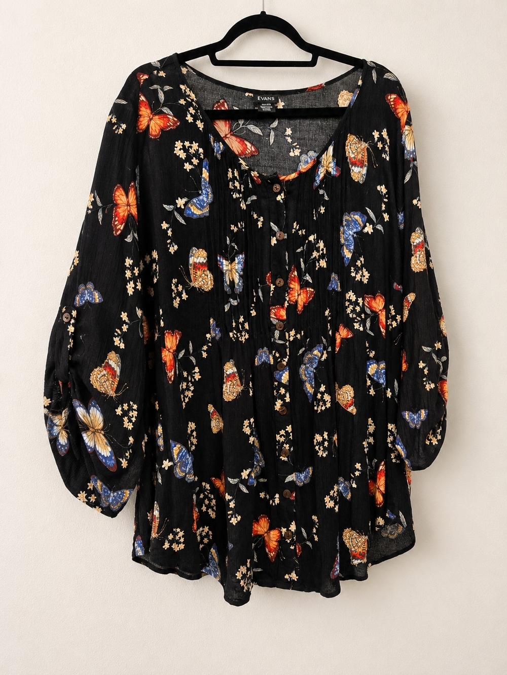 EVANS Plus Size 22/24 Black Butterfly Floral Button Front Tunic Top